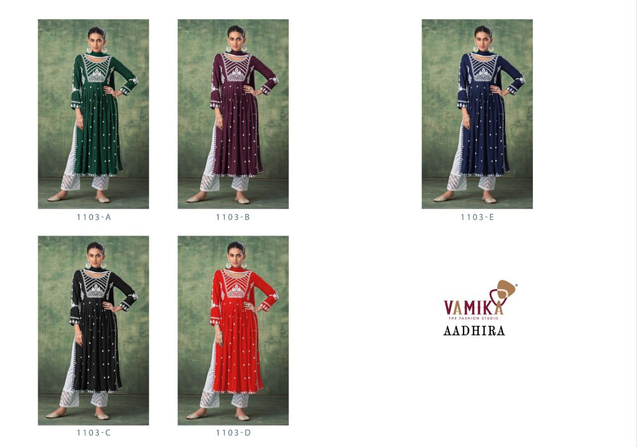 Vamika Aadhira Ethnic Wear Pure Rayon Designer Kurti With Bottom Dupatta Collection 